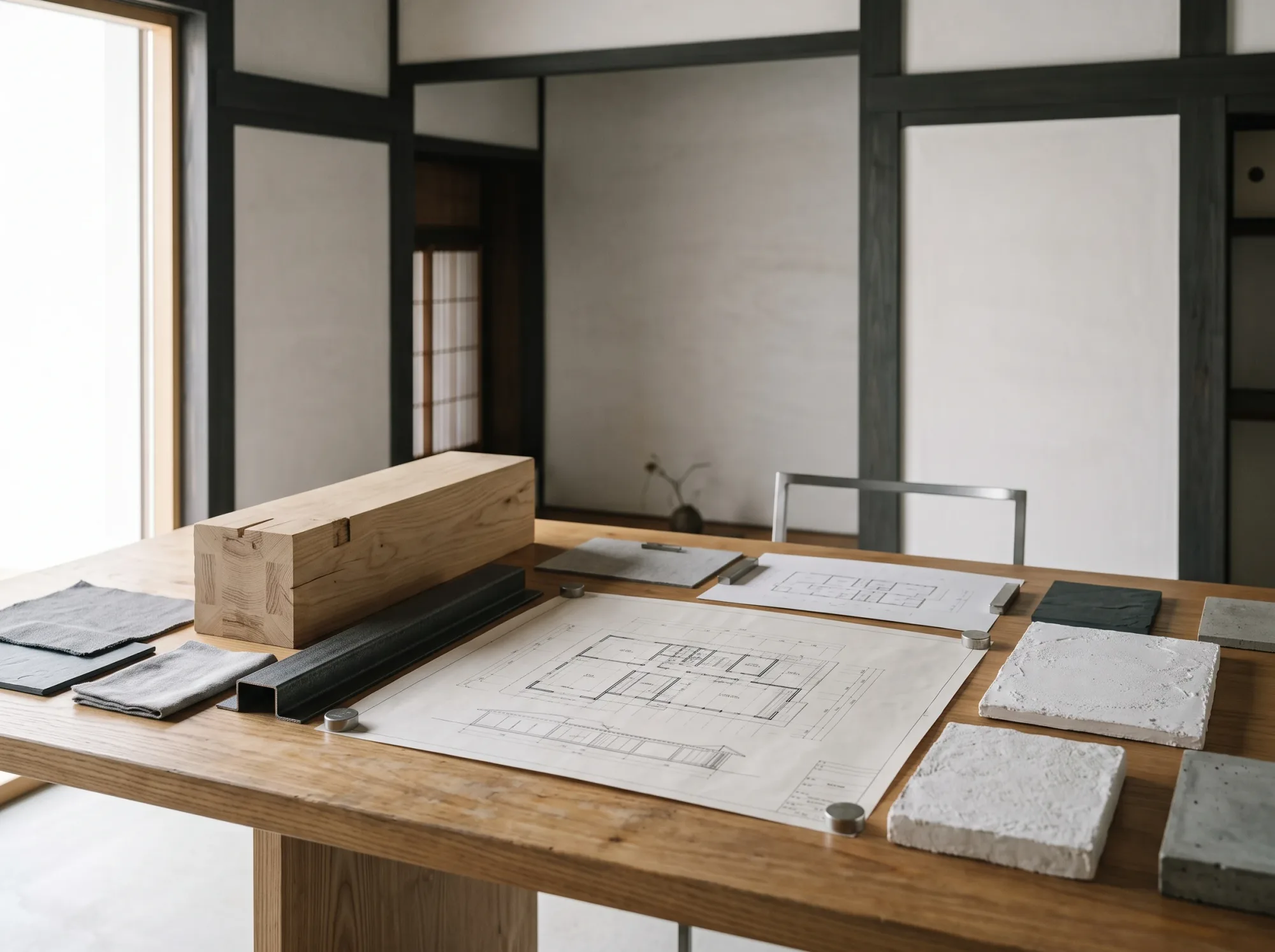 建築素材と仕様を検討するテーブル